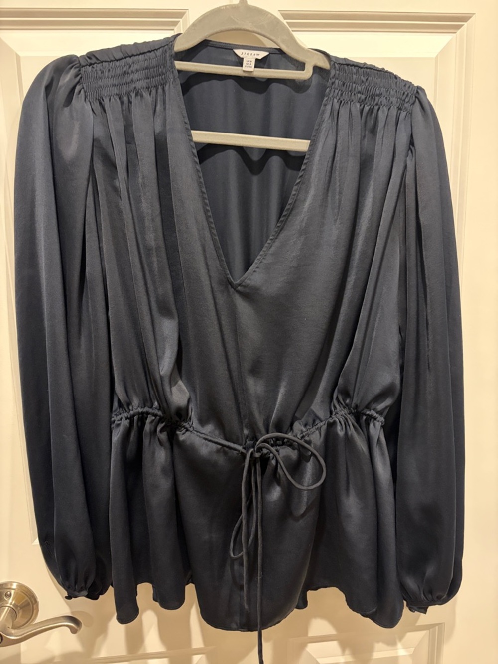 Jigsaw Navy Blue Long Sleeve Drawstring Satin Blouse